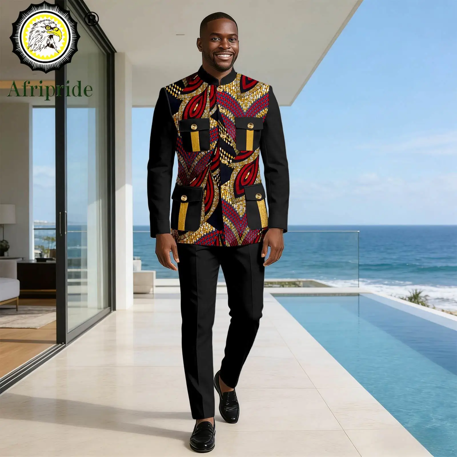 

Men`s Formal Wear Single Breasted Pockets Embroidery Print Blazer and Pants 2 Piece Set African Clothes for Wedding 2616026