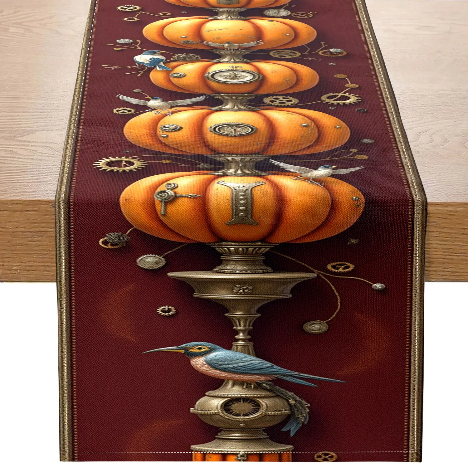 

1 Steampunk Pumpkin-Themed Table Runner, Featuring Mechanical Pumpkins, Flying Birds, Gears, and Clocks on a Red Background, Suitable for Halloween Parties, Vintage Restaurants, Art Exhibitions, Creative Studios, Home Decor, Unique Gifts, Themed Cafes, an