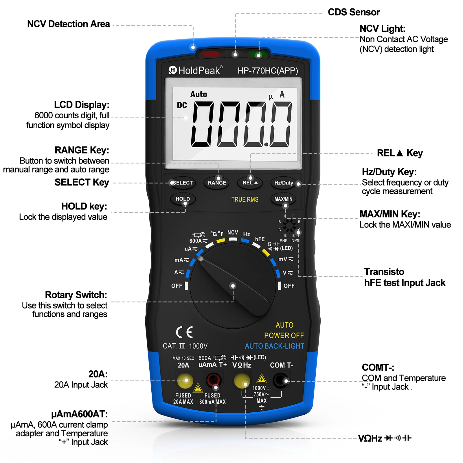 HP-770HC-APP HoldPeak True RMS cyfrowy multimetr z funkcją NCV i testem temperatury/pracy z Bluetooth