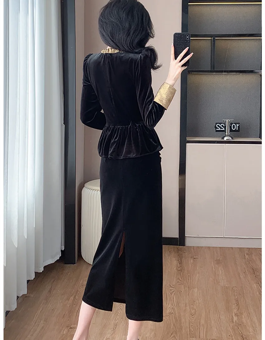 Office Ladies Velvet Two Piece Set New Autumn Winter Gold Lacu Up Bow Collar Ruffles Top + Split Velour Pencil Midi Skirt Suits