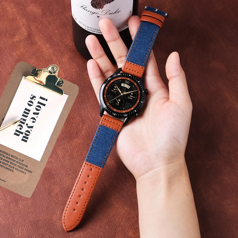 22mm Denim Leather Wrist Band for Huawei Watch GT2 GT3 Pro 46mm Strap Bracelet for Samsung Galaxy Watch 3 45mm Gear S3 Watchband