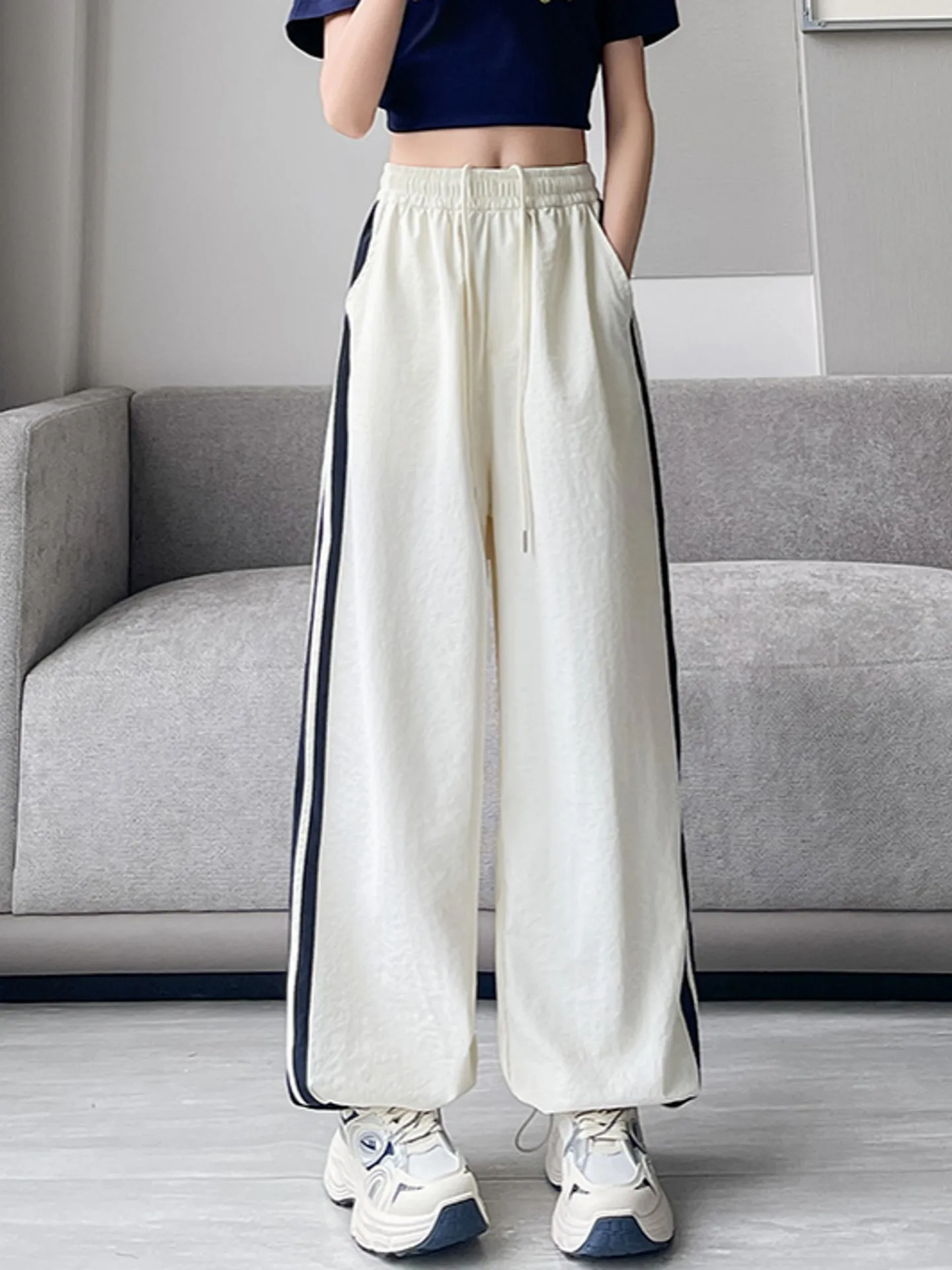 アイスシルク速乾ワイドレッグルーズフィット夏薄手ワークウェアパンツ女性カジュアルスポーツパンツ韓国風スリムハイウエストロングパンツ