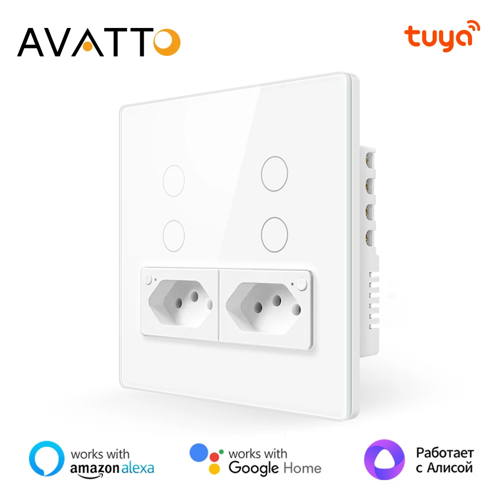 AVATTO Tuya WiFi/ZigBee Smart Brazil Wall Switch & Socket,Standard 4X4 Glass Panel 4 Buttons Switch Works With Alexa Google Home