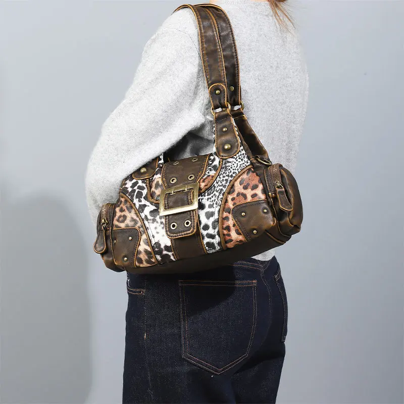 Ladies' Fashion Street Y2K Millennium Spicy Girl Leopard Pattern Tote Bag Multi Pocket Retro Personalized Shoulder Bag
