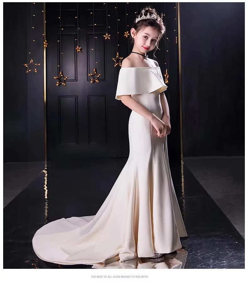 Girls Dresses For Party And Wedding Sexy Side Slit Elegant Child Girl Evening Dress With Train White Communion Dress Girl 2T-14T