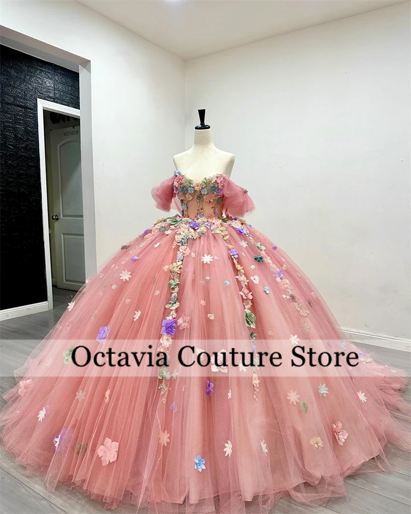 

Мексиканское розовое платье Quinceanera с открытыми плечами, бальное платье с бусинами и 3D цветами, 2024, роскошное платье на день рождения, платье на выпускной, милое 15