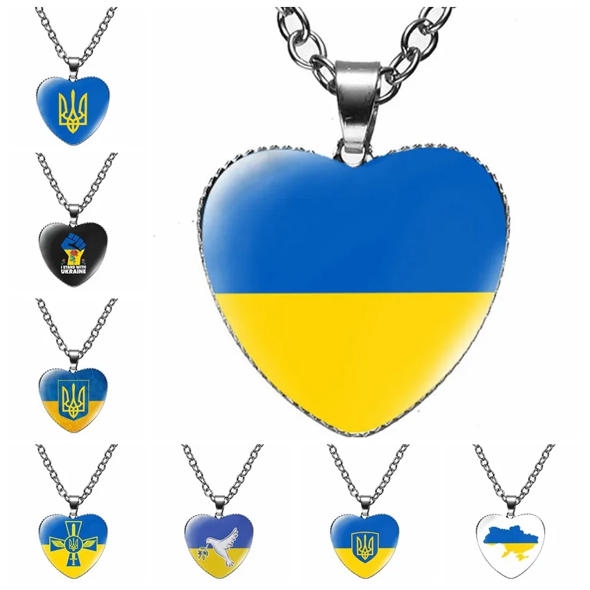 Ukrainian Flag Heart Necklace Women's Versatile Accessories Glass Pendant Love Graphic Necklace