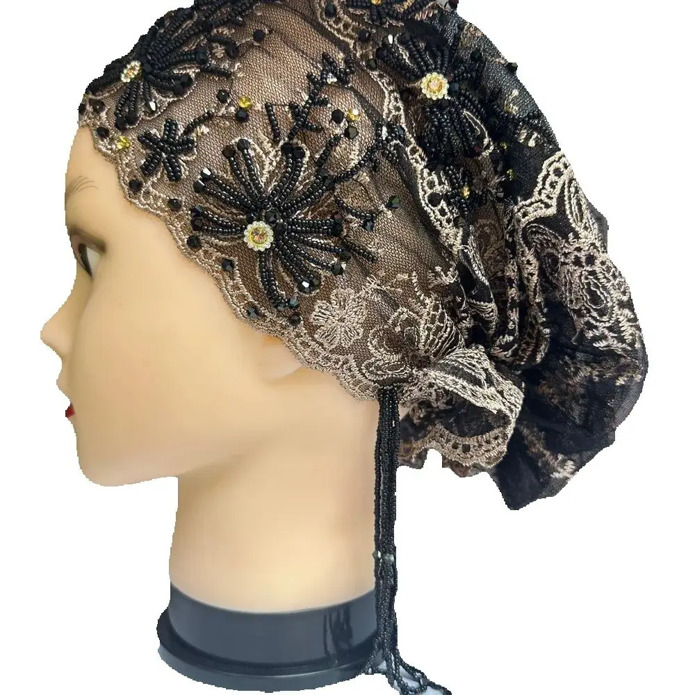Hijab da donna musulmana Nero Grigio con perline Foulard Ramadam Festa serale Sciarpa Kufi di lusso Dubai Turbante Cappello islamico