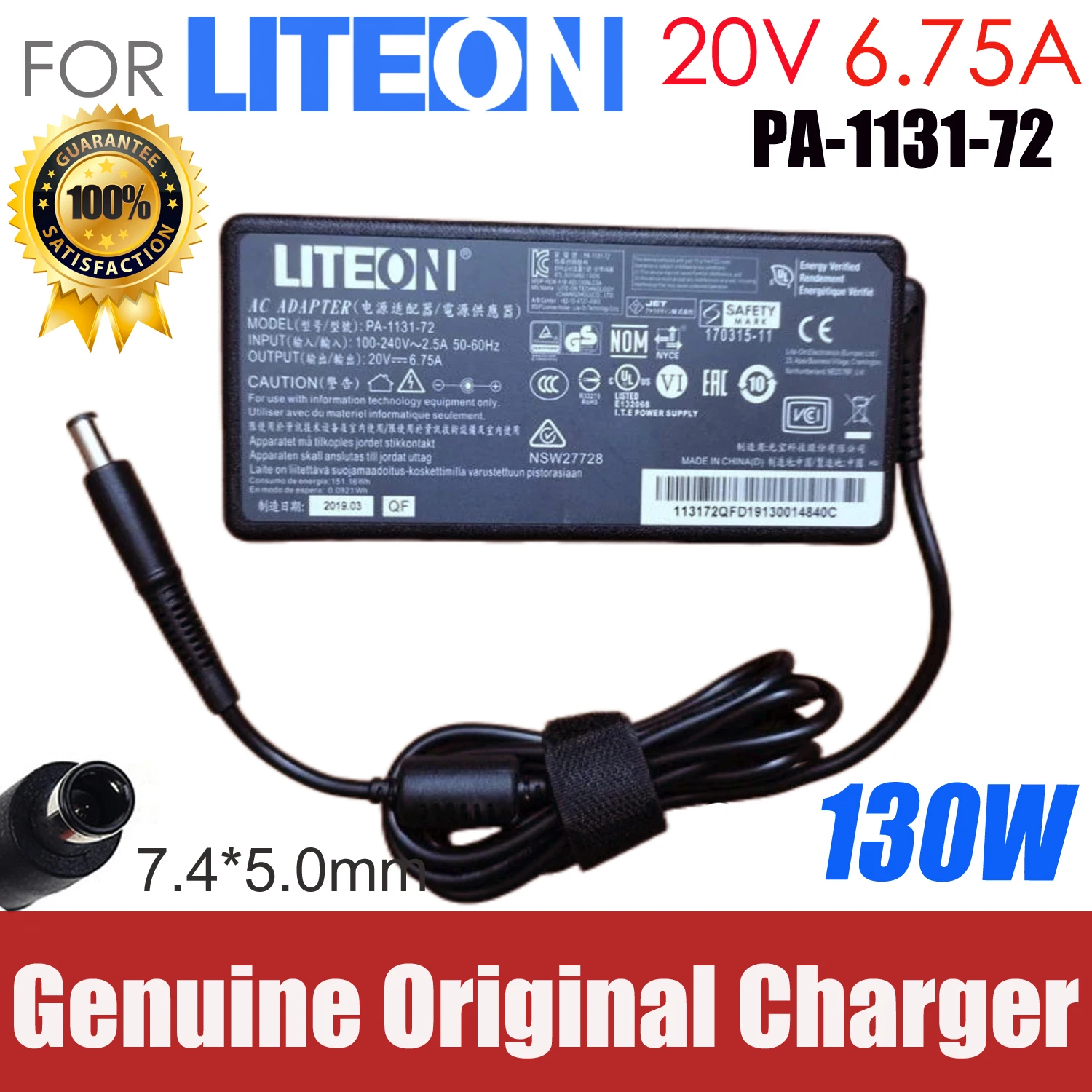 

Original AC Adapter LITEON 20V 6.75A 135W PA-1131-72 Charger 7.4x5.0mm PA-1131-76 Laptop Power Supply Genuine