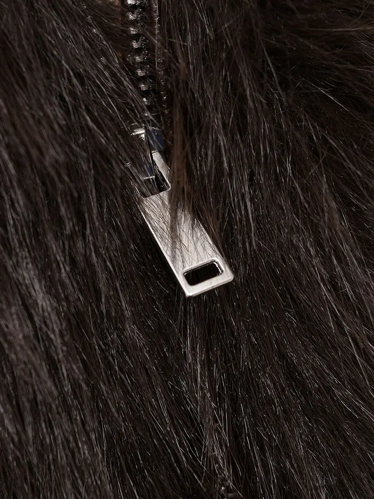 HH الخريف المرأة بلا أكمام فو الفراء سترة علوية خمر بني داكن الياقة المدورة سستة ملابس خارجية سيدة الموضة عالية الشارع صدرية #5