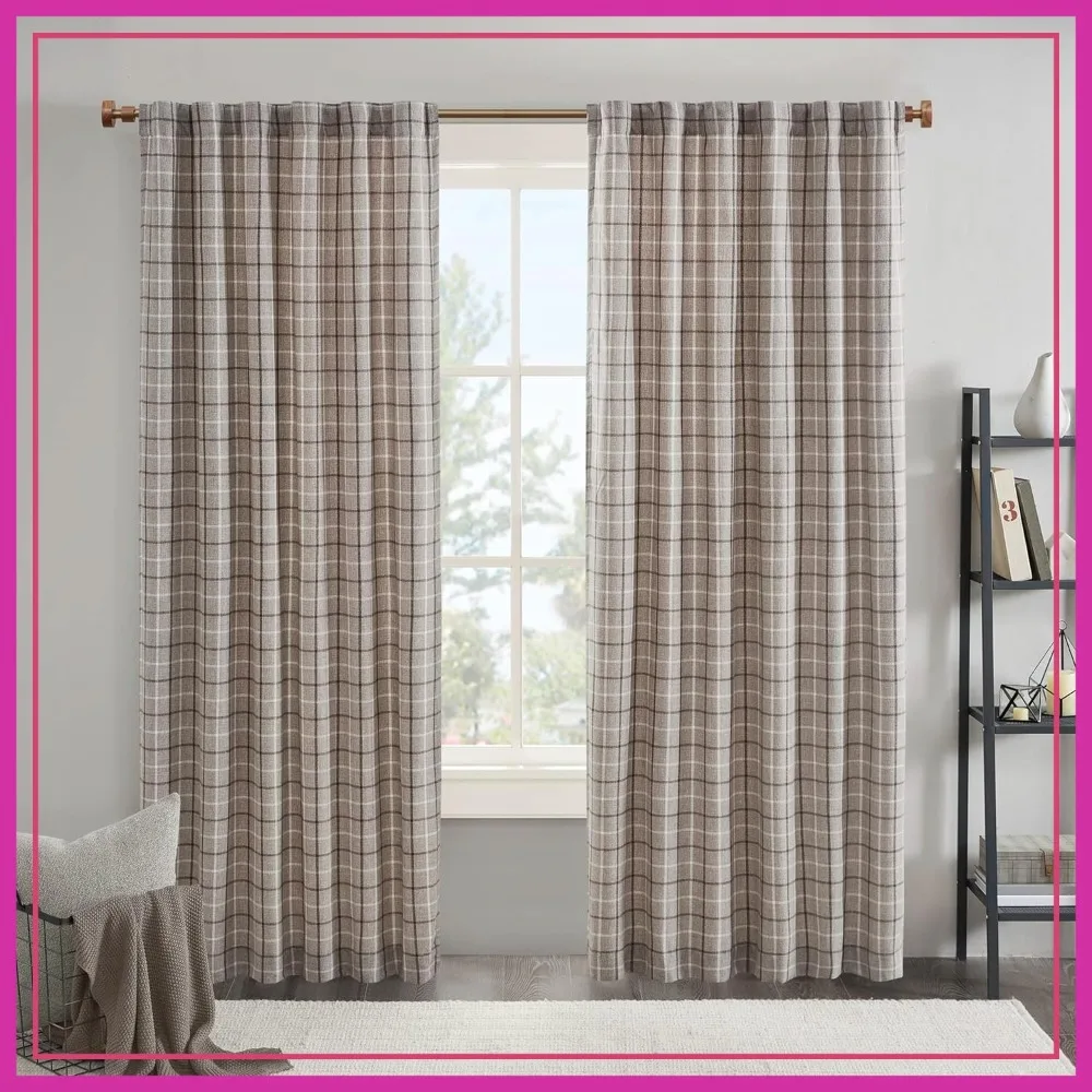 

Thermal Insulated Plaid Curtain Panel, Room Darkening Fleece Lining, 50x95, Rod Pocket & Back Tab, Brown