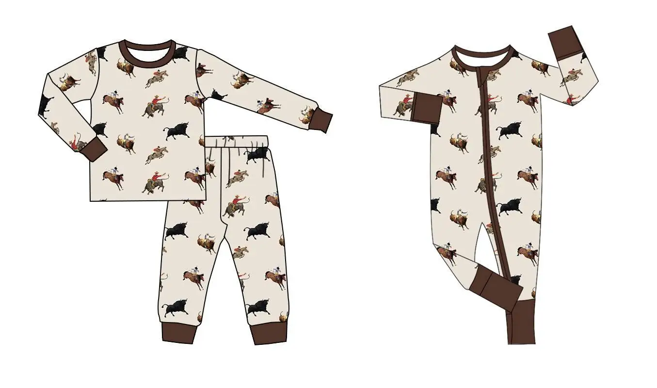 Boutique children's clothing new long-sleeved horse print trousers girls boys pajamas set baby zipper jumpsuit