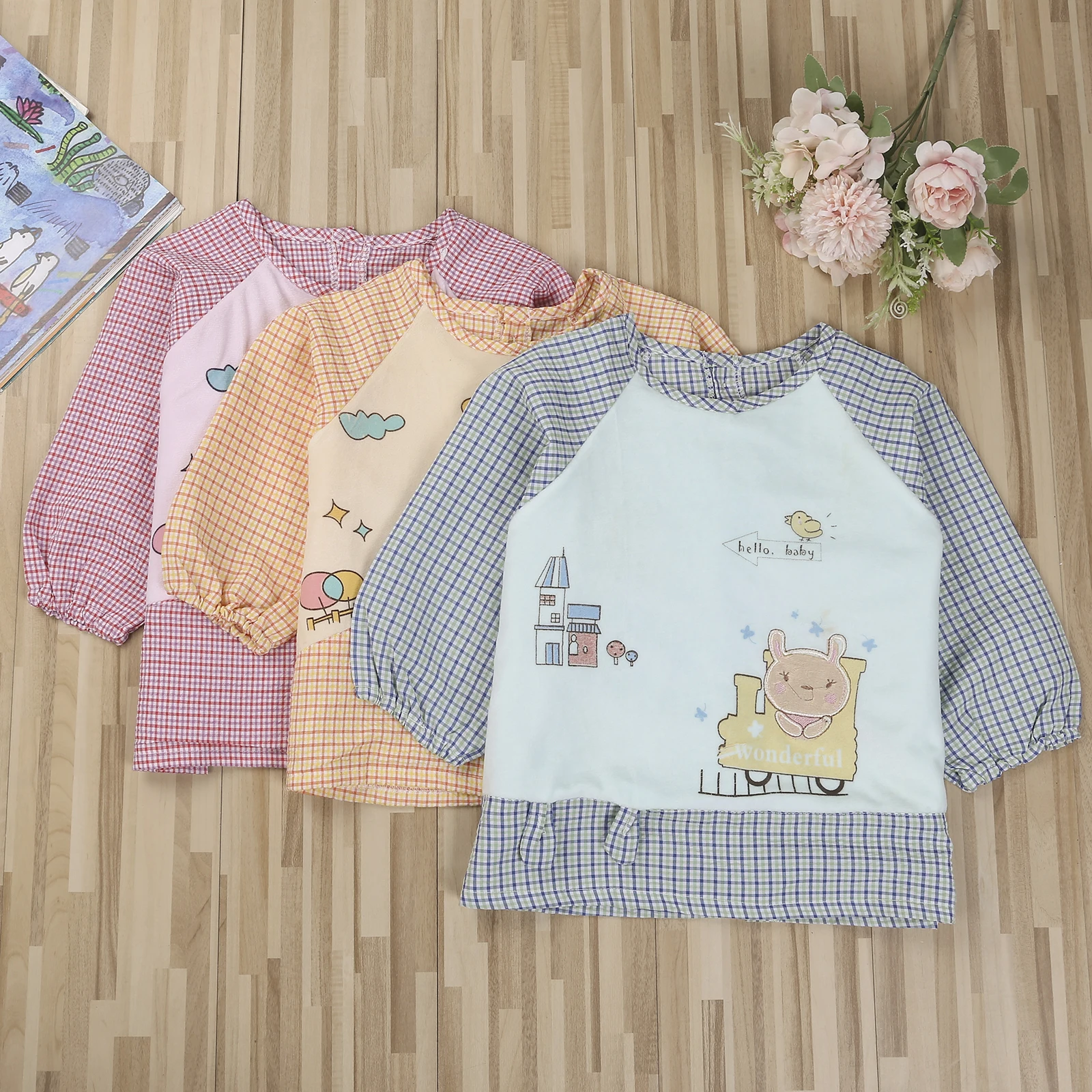 Children Waterproof Pullover Tops Cartoon and Plaid Printed Pattern Long Sleeve Tops, S/ M/ L