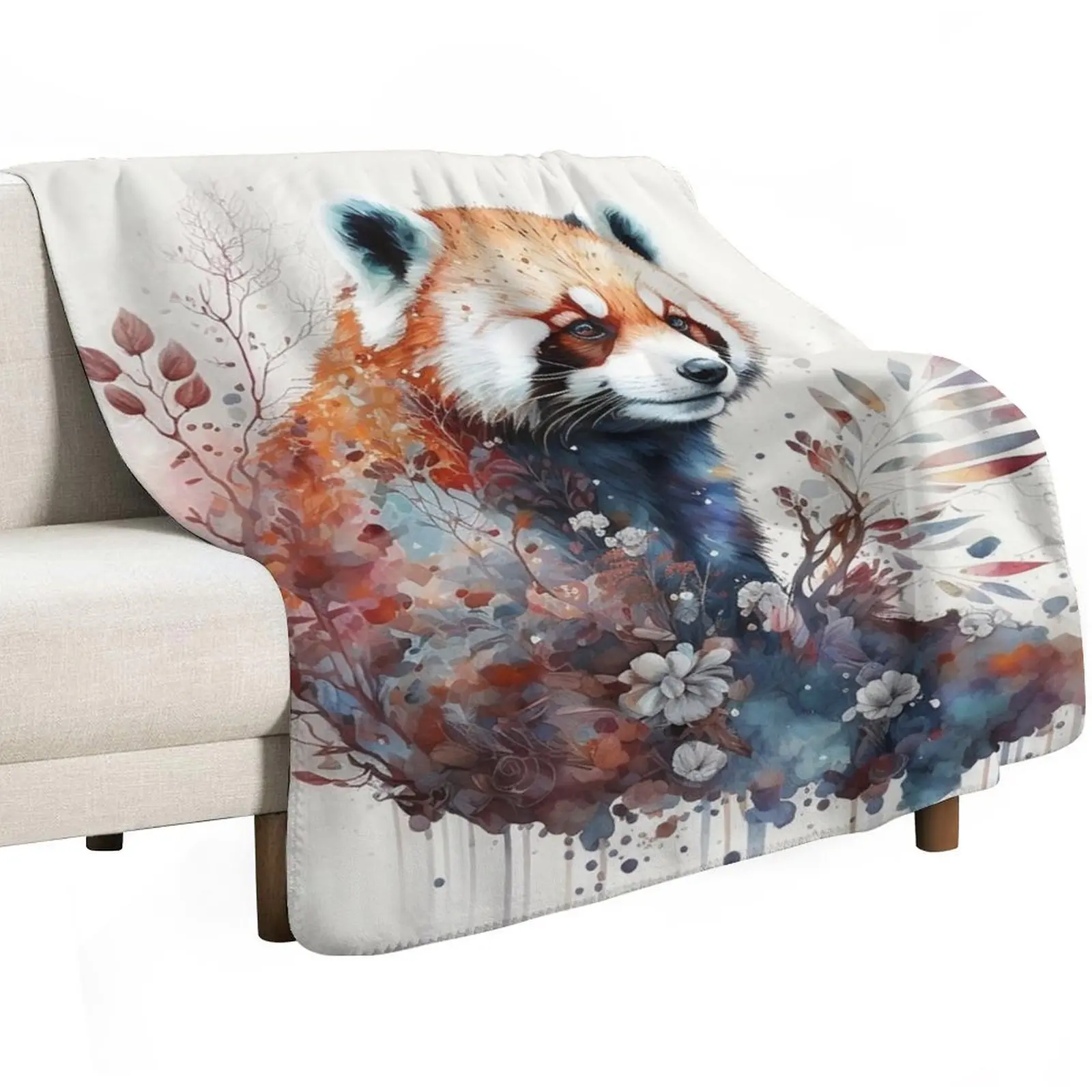 Watercolor Red Panda in Nature, Floral Design Throw Blanket Furrys Camping Luxury Throw Warm For Decorative Sofa Hairy Blankets