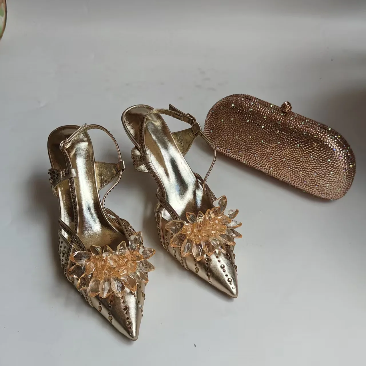 Full Diamond Pointed Baotou High Heels Sandals Crystal Rhinestones Wedding Dinner High Heels Shoes and purses view 5
