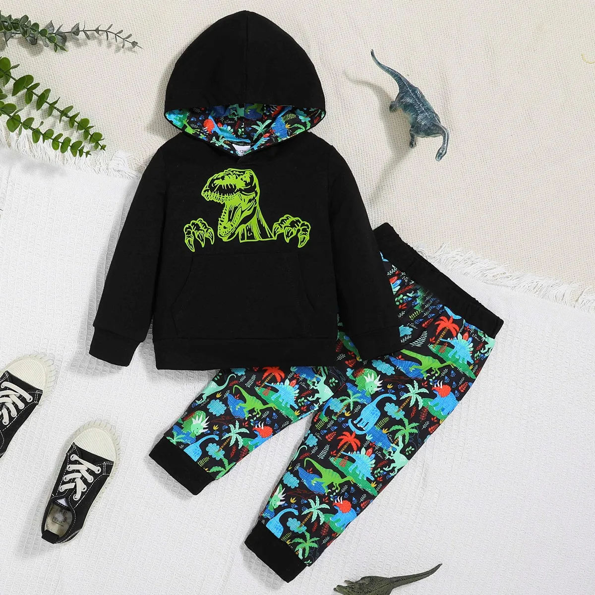 Zweiteiliges Set mit Kapuzenpullover mit Dinosaurier-Aufdruck für Babys und Jungen, zweiteiliges Set, lässige Frühlings- und Herbstkleidung für Kleinkinder