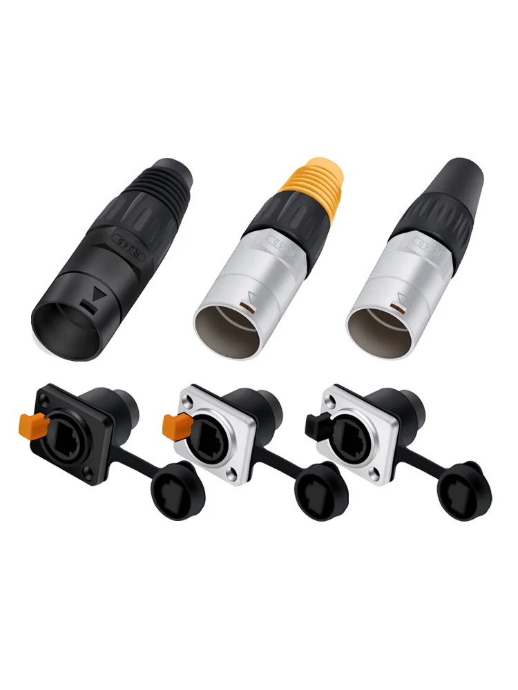 10 stks/5 sets 8p8c RJ45 Waterdichte Connector, Oranje & Zwart, Paneelmontage + Draad Connector, RJ45 Ethernet/Netwerk Connector, IP65 Niveau - afbeelding 2