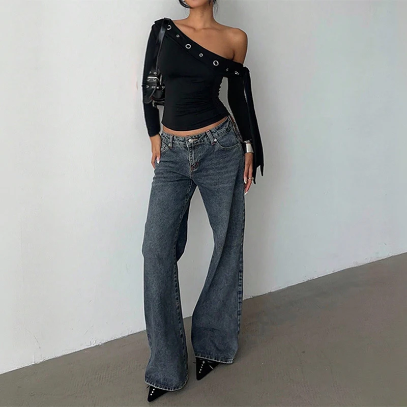 

OMSJ косой воротник с открытыми плечами, модный уличный стиль для отдыха, с длинными рукавами, асимметричный дизайн, черный узкий пуловер, футболка, топы Y2K