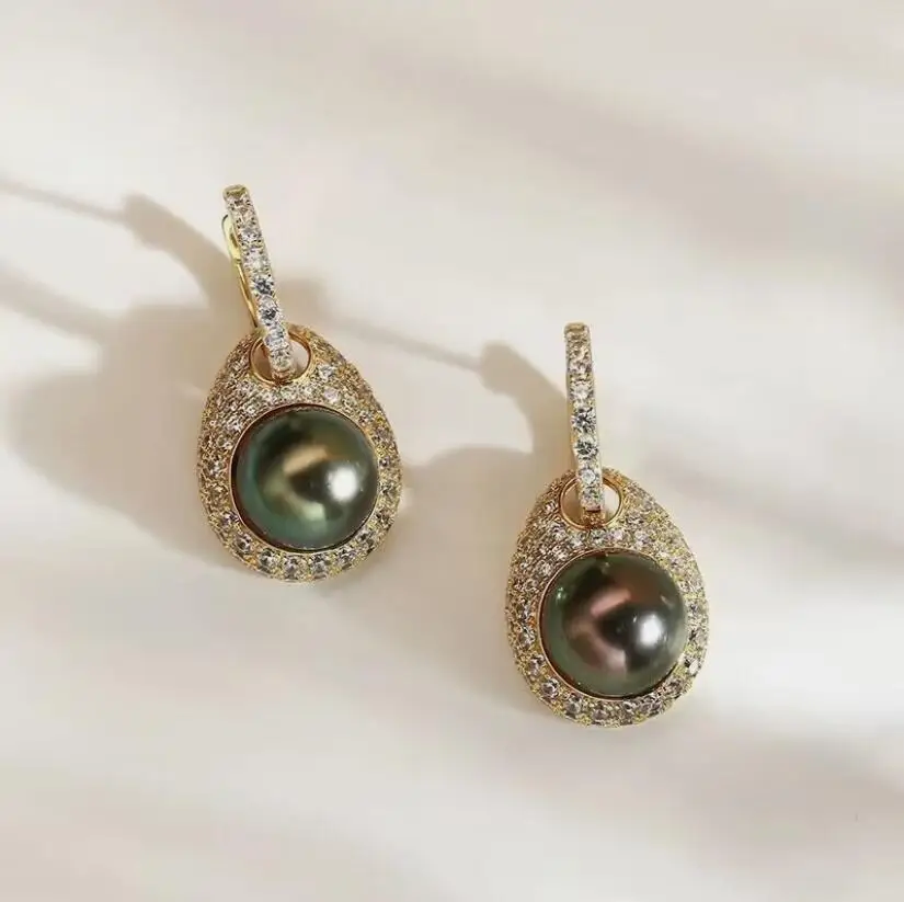 

stunning 10-11mm tahitian round black green pearl dangle earring 925s