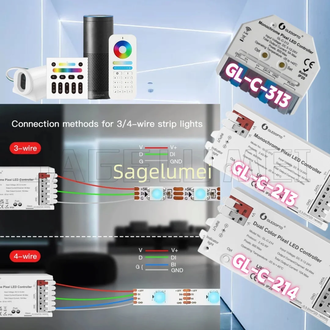 Monochrome Pixel LED Controller GL-C-213 DC5-24V RF 2.4G 6A Max Single Color PWM Dimming Smart LED Strip Tuya GL-C-214 GL-C-313