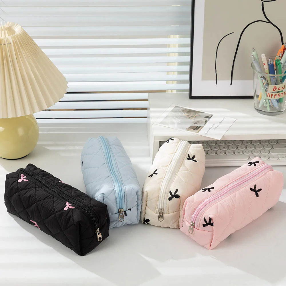 Stylish Pen Bag Cute Bow Embroidered Pencil Case Large Capacity Stationery Storage Bag Cartoon Simplicity Student Pen Pouch