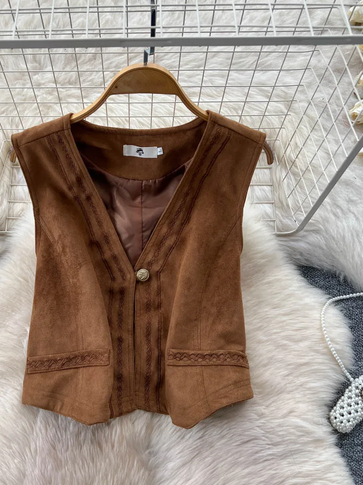 

Ретро этнический жилет на пуговицах с вышивкой и v-образным вырезом, женский зимний модный универсальный бархатный жилет из кожи оленя