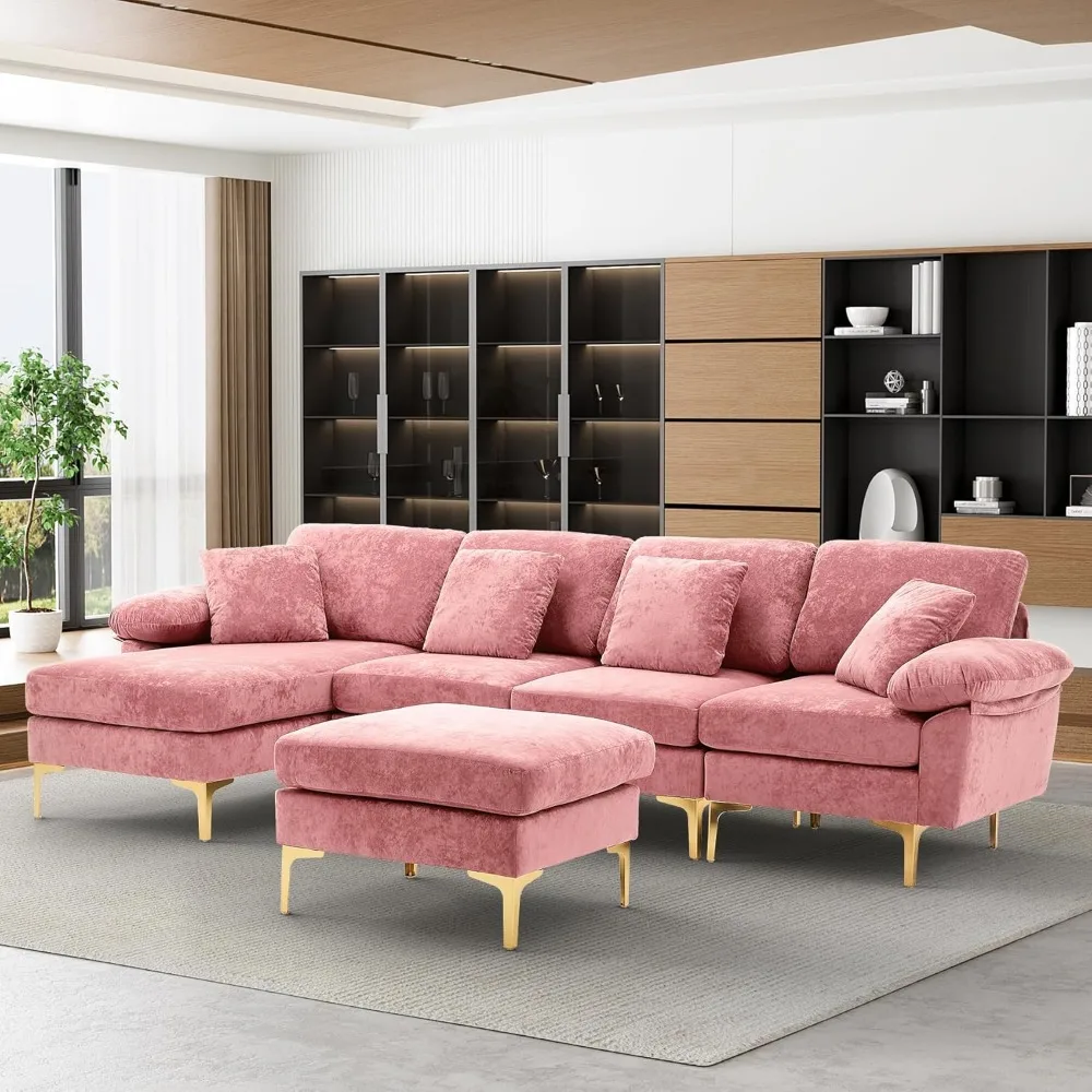 

U-Shaped Sectional Sofa Couch, 4 Seat Sofa Set for Living Room, Convertible L-Shaped Velvet Couch Set with Chaise Lounge