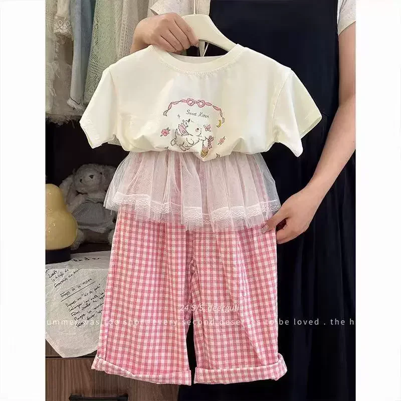 

New Girls Plaid Sets 2025 Summer Fashionable Kids T-Shirt Suits Children Clothes Short Sleeve Tops+Pants 2Pcs Outfits 2-8 Years