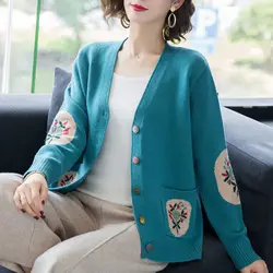 Autumn Winter V-neck Long Sleeve Cardigan Ladies Fashion All-match Floral Knitting Sweater Coat Women Clothes Loose Buttons Tops