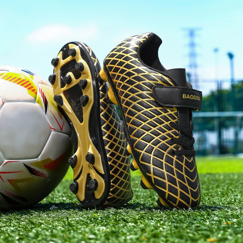A pair of children's firm‑ground soccer shoes, hook‑and‑loop design, firm studs for grass field training MZ‑207‑1