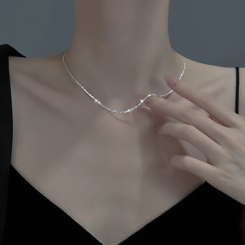 Gargantilla con colgante de cadena brillante para mujer, Plata de Ley 925 auténtica, joyería fina minimalista de lujo ligera, Colar de Prata