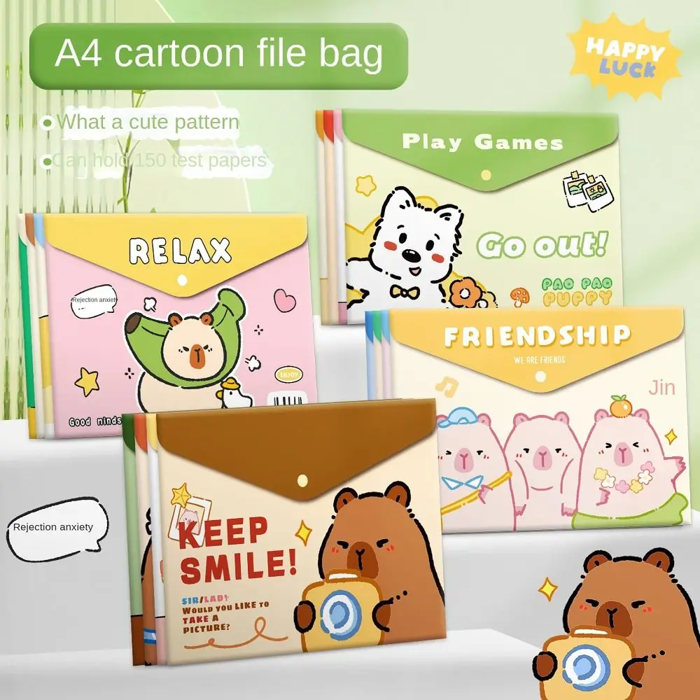 4pcs/set Capybara A4 File Bag Multifunction Large Capacity PVC File Folder Waterproof Archives Bag School Office