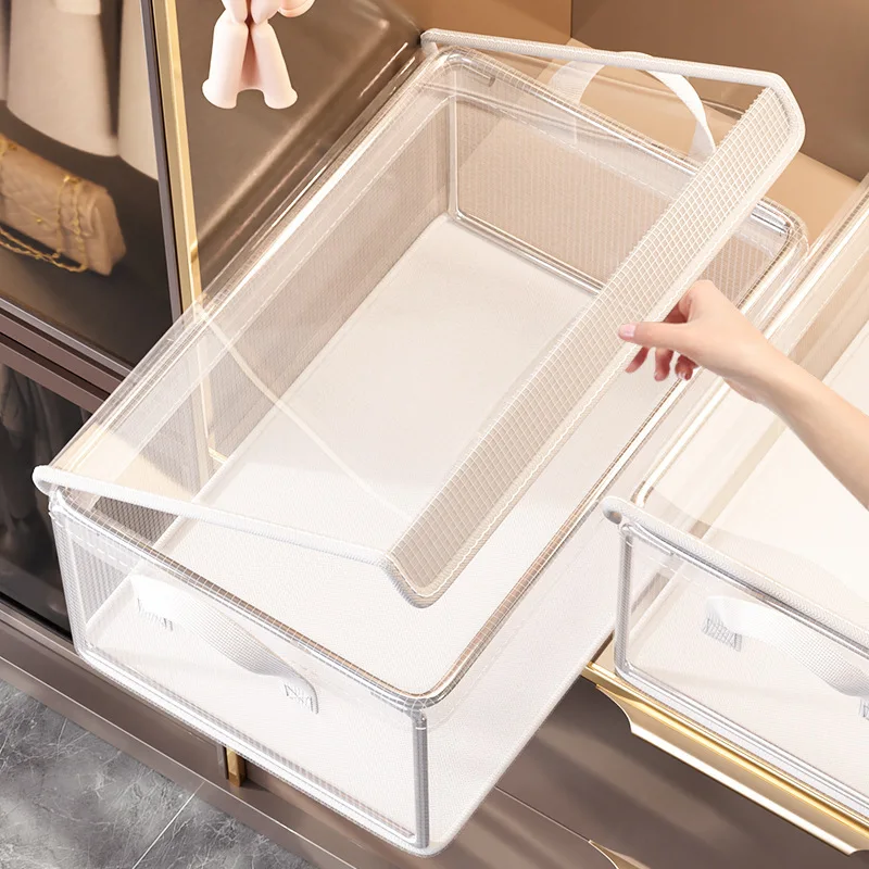 PVC Transparent Storage Basket for Clothes Underwear Storage Box Stainless Steel Frame Wardrobe Organizer Waterproof Cloth Box