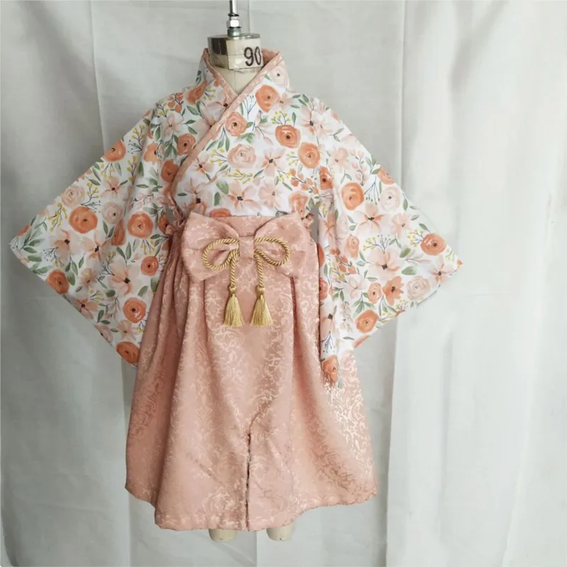 2026 Spring/Summer Multifuctional 2-piece Children's Top and Pants Set Japanese Kimono Yukata Set Baby Tassel Clothing Set LI680