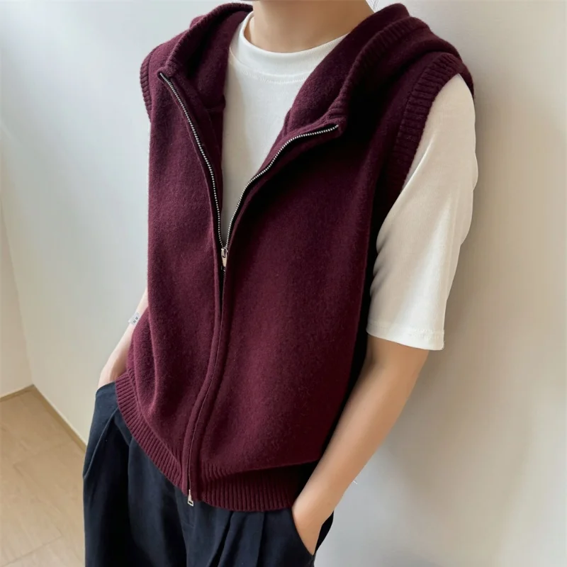 

100% Merino Wool Women's Sleeveless Cardigan Hooded Thick Warm Casual Fashion Zipper Knitted Cashmere Sweater Vest