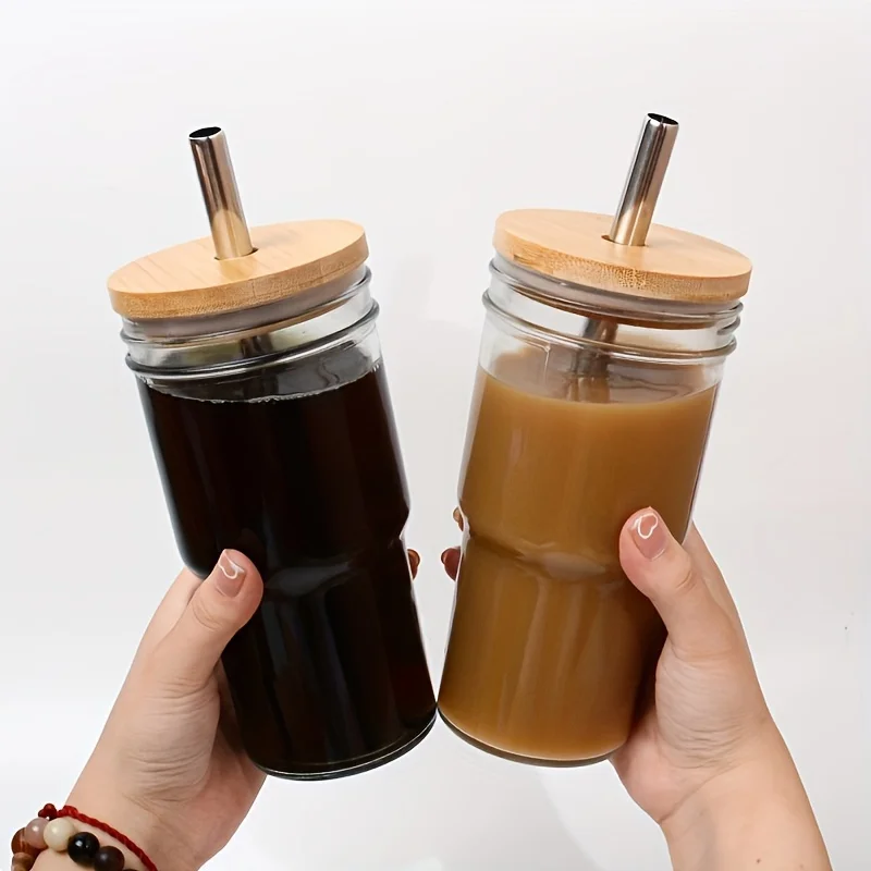 1pc  Outdoor Thickened Glass Water Cup, 700ml/23.67oz Beverage Coffee Cup With Stainless Steel Straw, Suitable For Outd