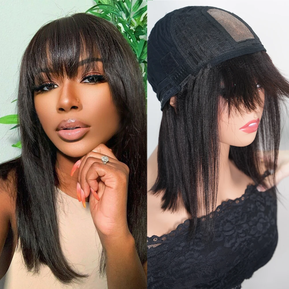 

Easy To Wear And Go Short Bob Yaki Straight Wig With Bangs Real Scalp Middle Part 2x4 Lace Full Machine Made Yaki Human Hair Wig