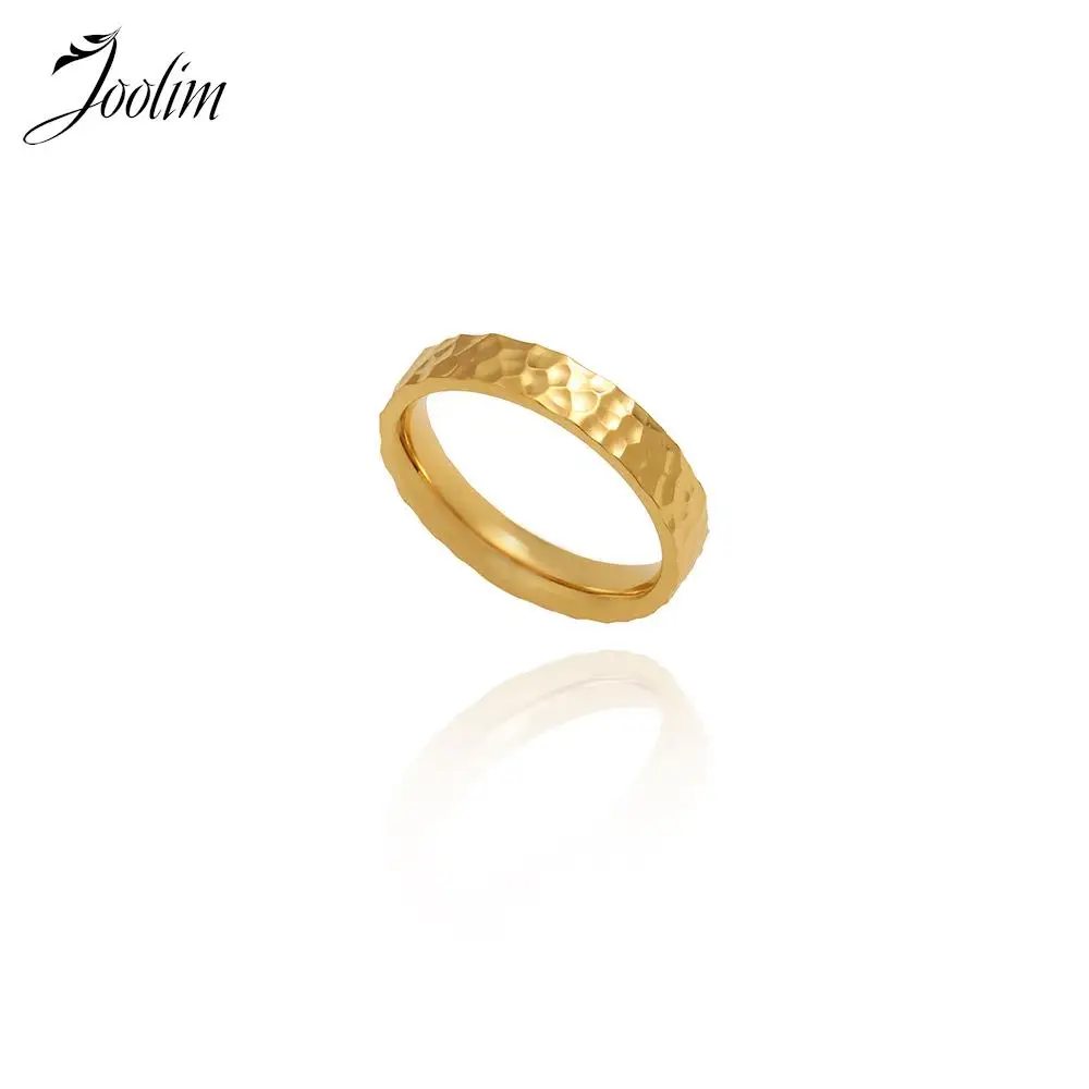 Joolim Jewelry Wholesale High End PVD Water Ripple Hand Hammer Texture Design Band Stainless Steel Finger Ring Trendy for Women