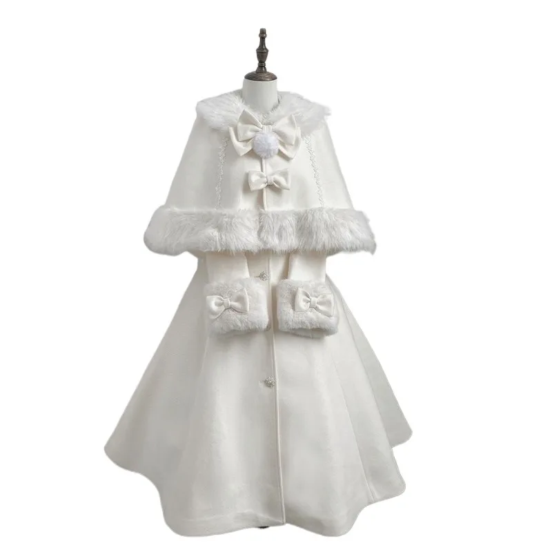 

Winter Snow Japanese Foreign White Moonlight Heavy Industry Cape Woolen Medium and Long Coat Temperament Commuting Capes Ponchos