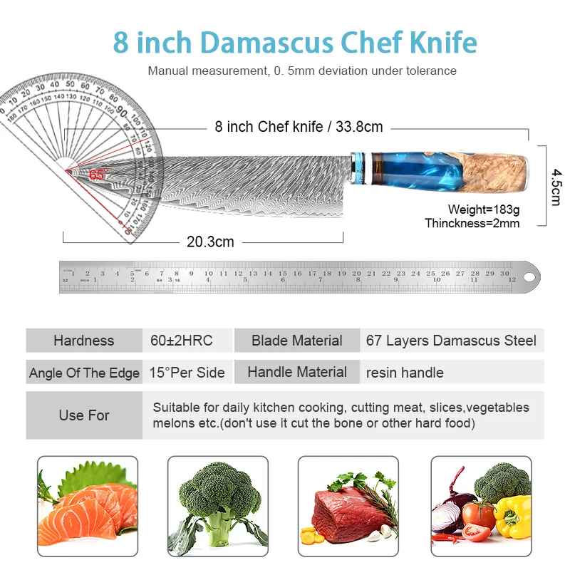 Japanese Damascus Steel 8 Inch Chef Knife Kitchen Cleaver Knife Razor Sharp Slicing Knife For Meat Vegetable Cooking knives