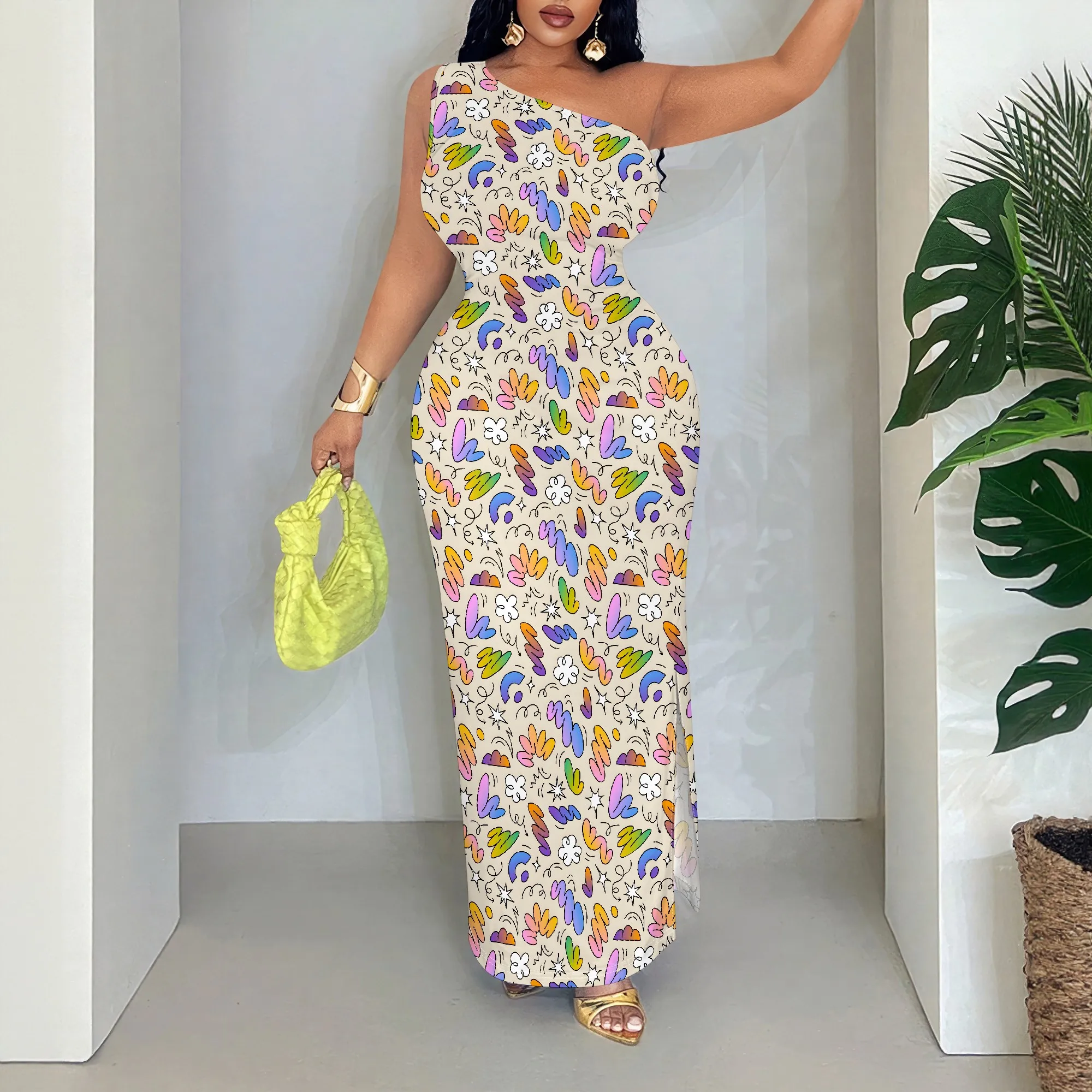 

Vibrant Print One Shoulder Maxi Dress, Abstract Pattern Sleeveless Gown, Boho Summer Evening Party Wear, S-2XL