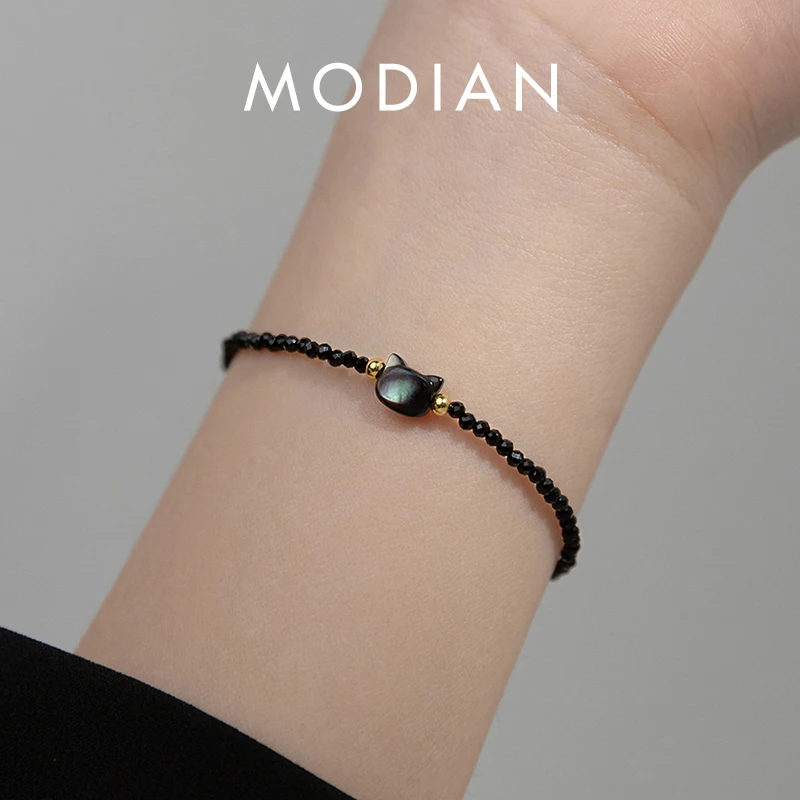 

Modian 925 Sterling Silver Vintage Black Round Crystal Bracelet Cute Cat Link Chain Bracelet For Women Party Jewelry Gifts