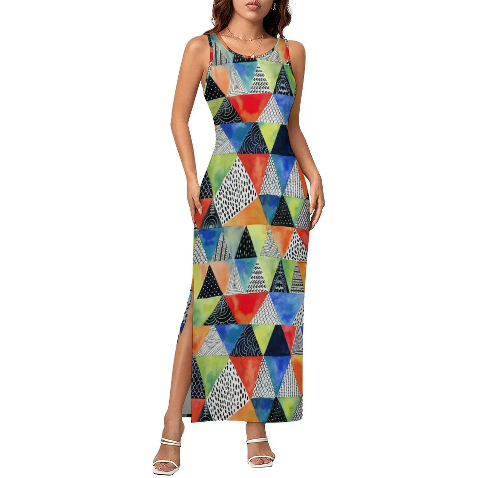 Women Bodycon Dress Cute Doodled Geometry Maxi Dresses Summer Colorful Print Sleeveless Street Fashion Graphic Dress Large Size
