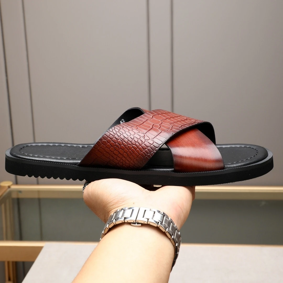 Luxury Brand Men's Shoes Handmade Fashion Sandals Holiday Gifts House Slippers Full Grain Leather Outdoor Beach Garden Slides