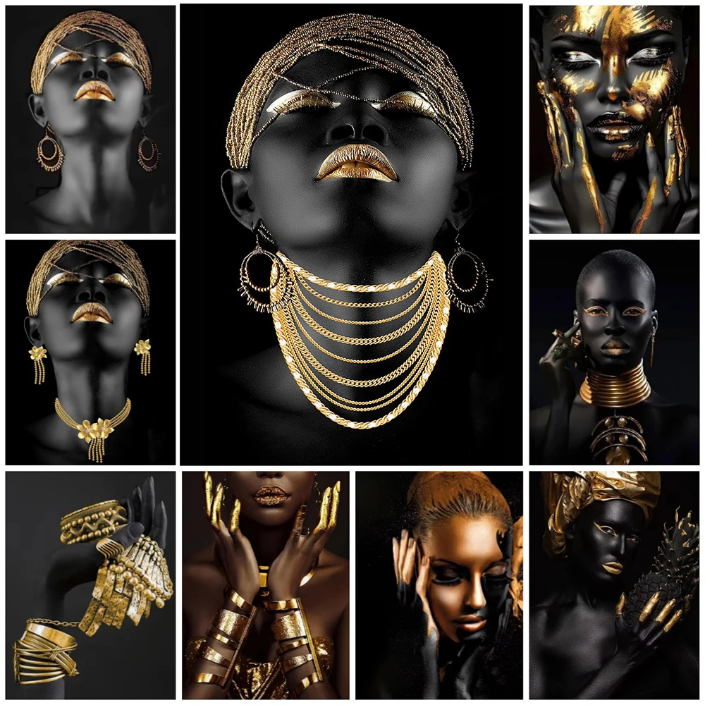 African Women Classic Black Gold Gestures Posters and Prints Female Portraits Canvas Painting Wall Art Pictures for Home Decor
