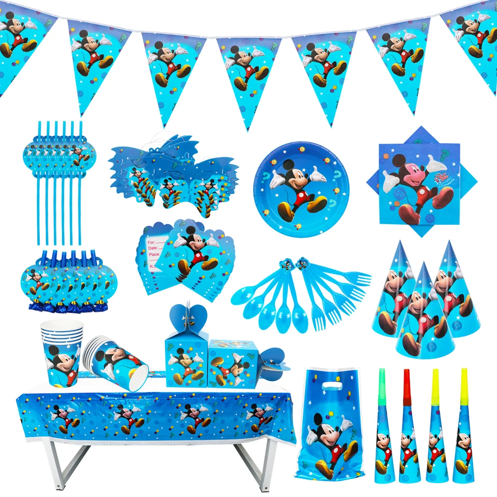 Juego de cubiertos desechables para fiesta de cumpleaños con globos de Mickey azul de dibujos animados de Disney, fondo de baño para bebé, bandera que tira favorita por los niños