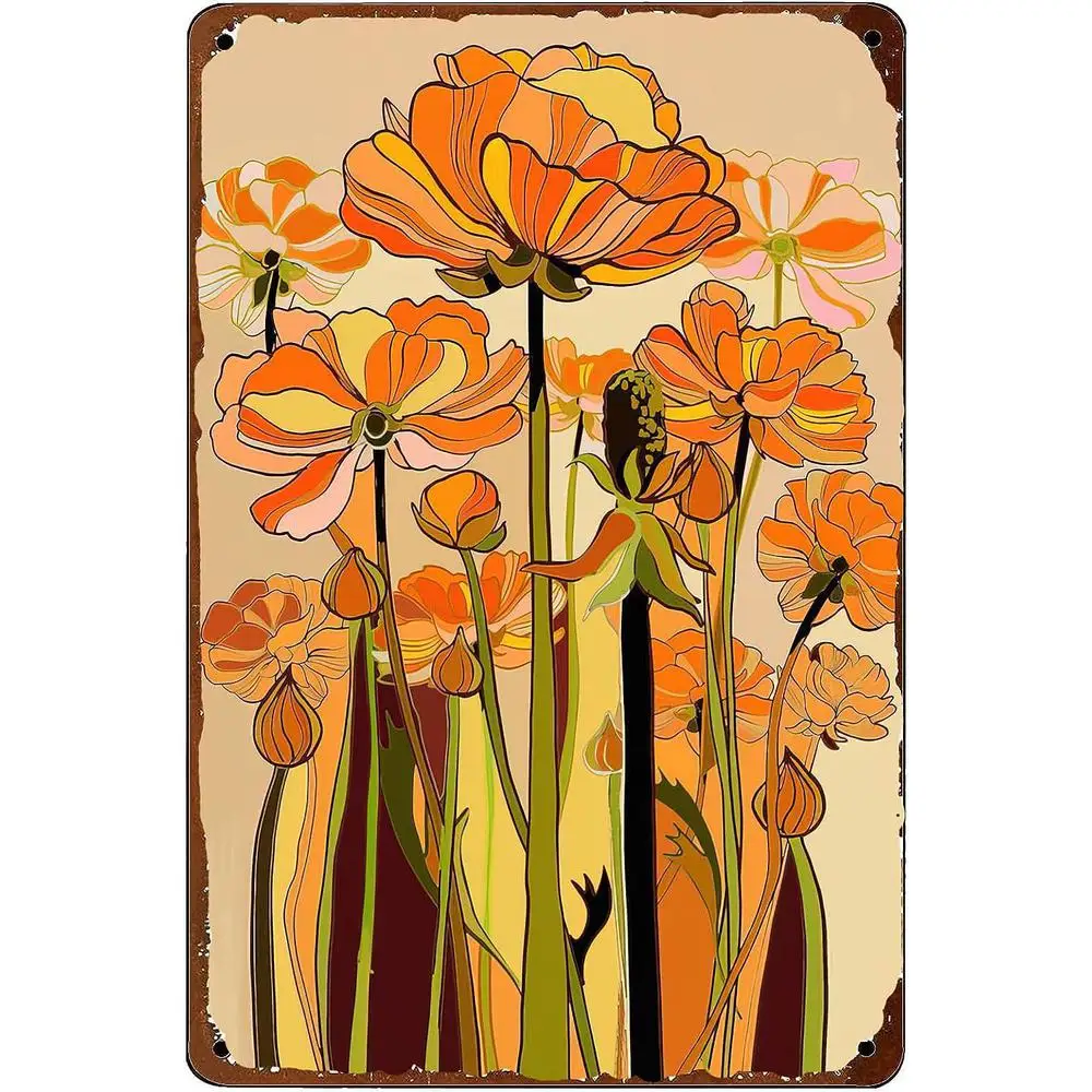 Letrero metálico de estilo retro: póster de arte mural con motivos florales de California de los años 70, de 12 x 8 pulgadas, en color naranja y amarillo, para decorar el hogar.