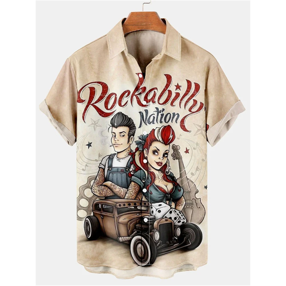 Camisa retrô estampada da Route 66 masculina, camisa casual de grandes dimensões, manga curta, blusas de peito único, tops da moda, roupas masculinas, verão