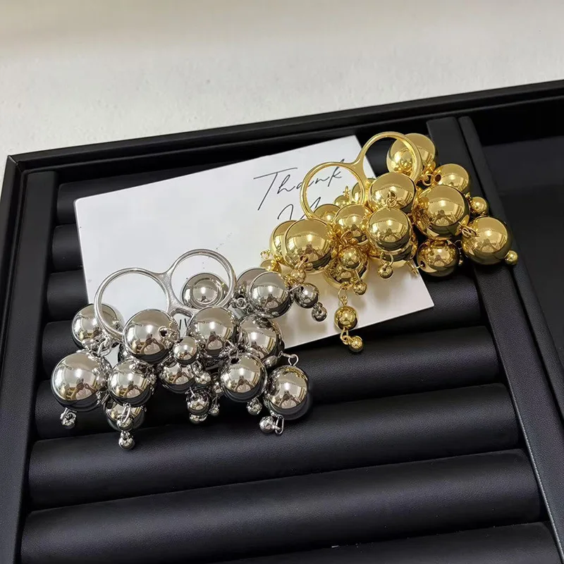 Vintage Fashion Shiny Metal Ball Tassel Double Band Ring for Women, Light Luxury Advanced Sense Statement Finger Jewelry