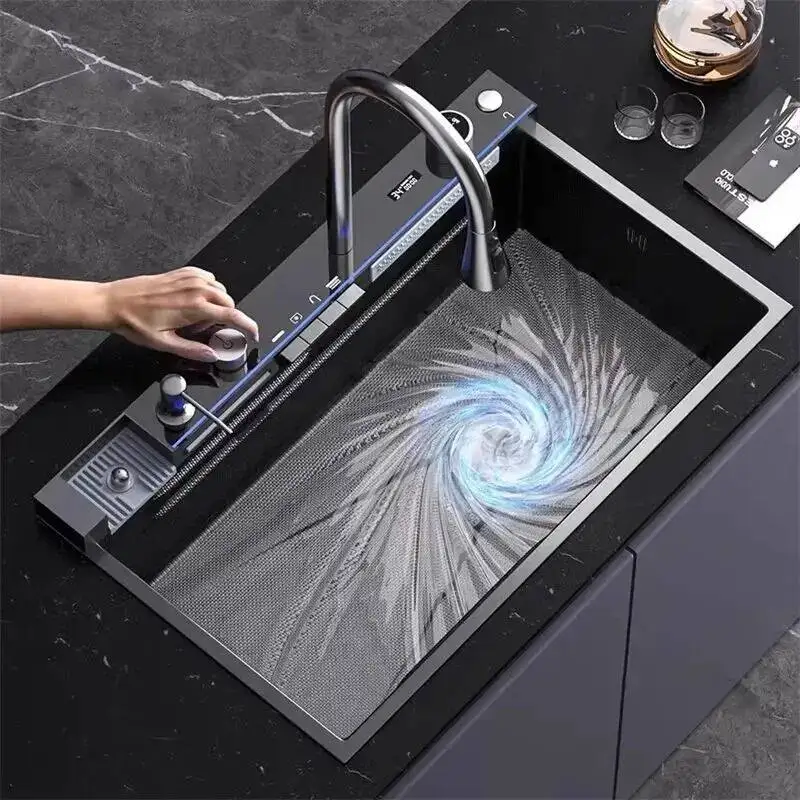 

Sink Thickened Creative 304 Stainless Steel Waterfall Kitchen Sink Large Capacity Single Slot Digital Display Dish Washbasin W